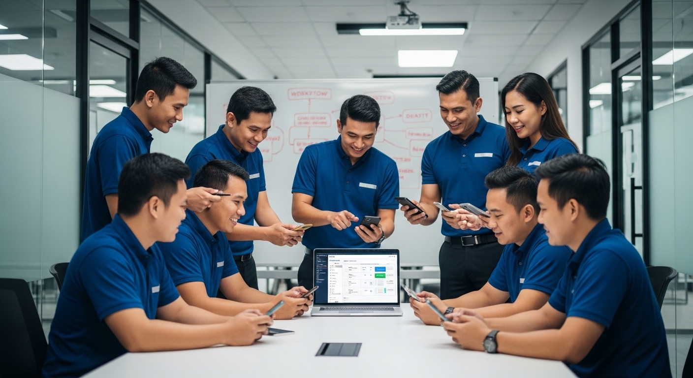 Malaysian service team using digital tools on mobile devices