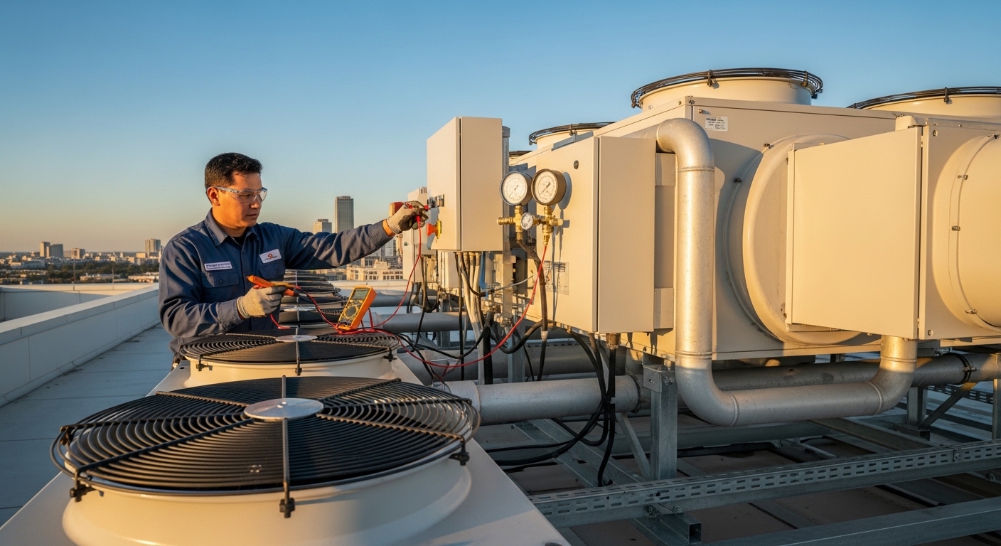 Maintenance technician performing preventive inspection on industrial equipment