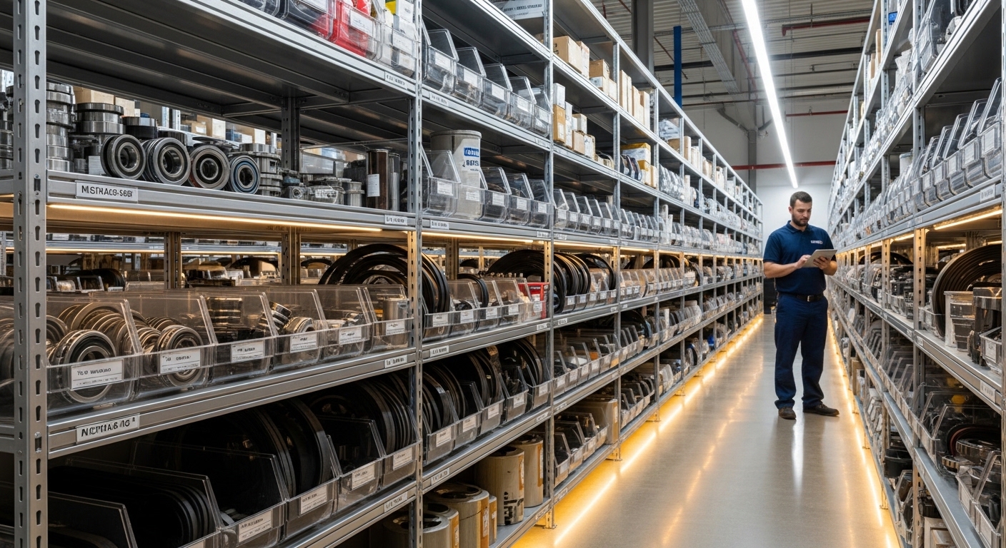 Organised spare parts inventory on industrial shelving