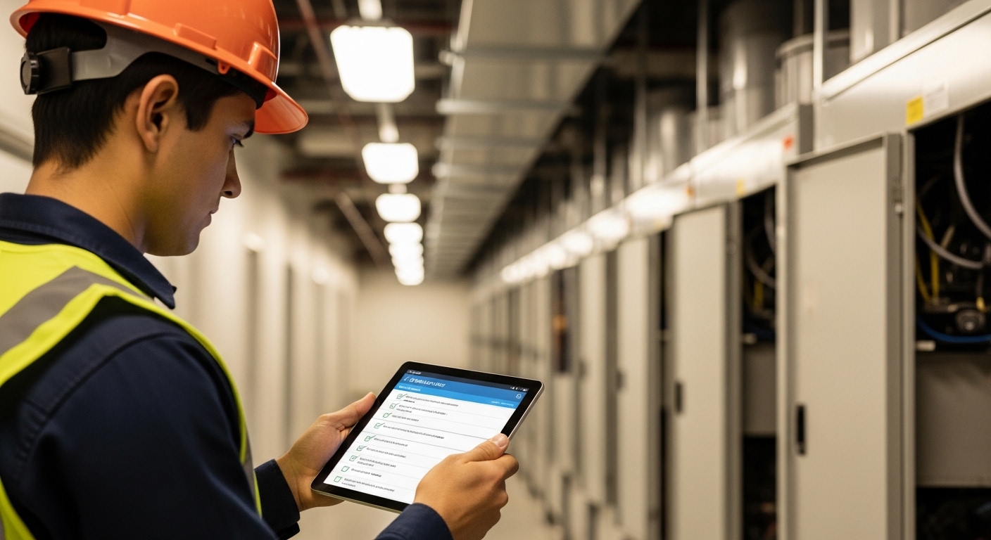 Field service technician reviewing a digital work order on tablet